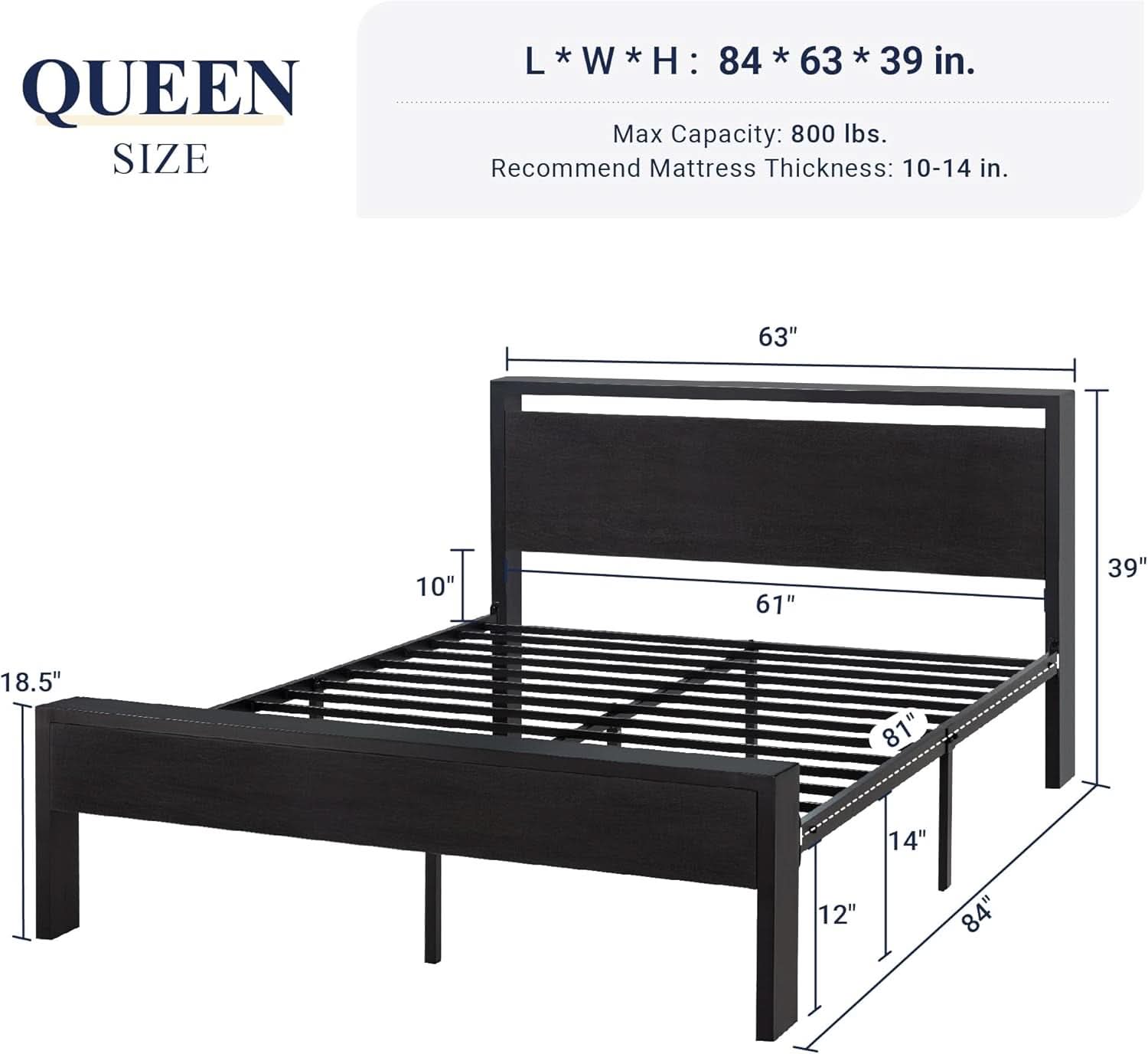 Queen Platform Bed Frame With Wooden Headboard And Footboard Black Oak