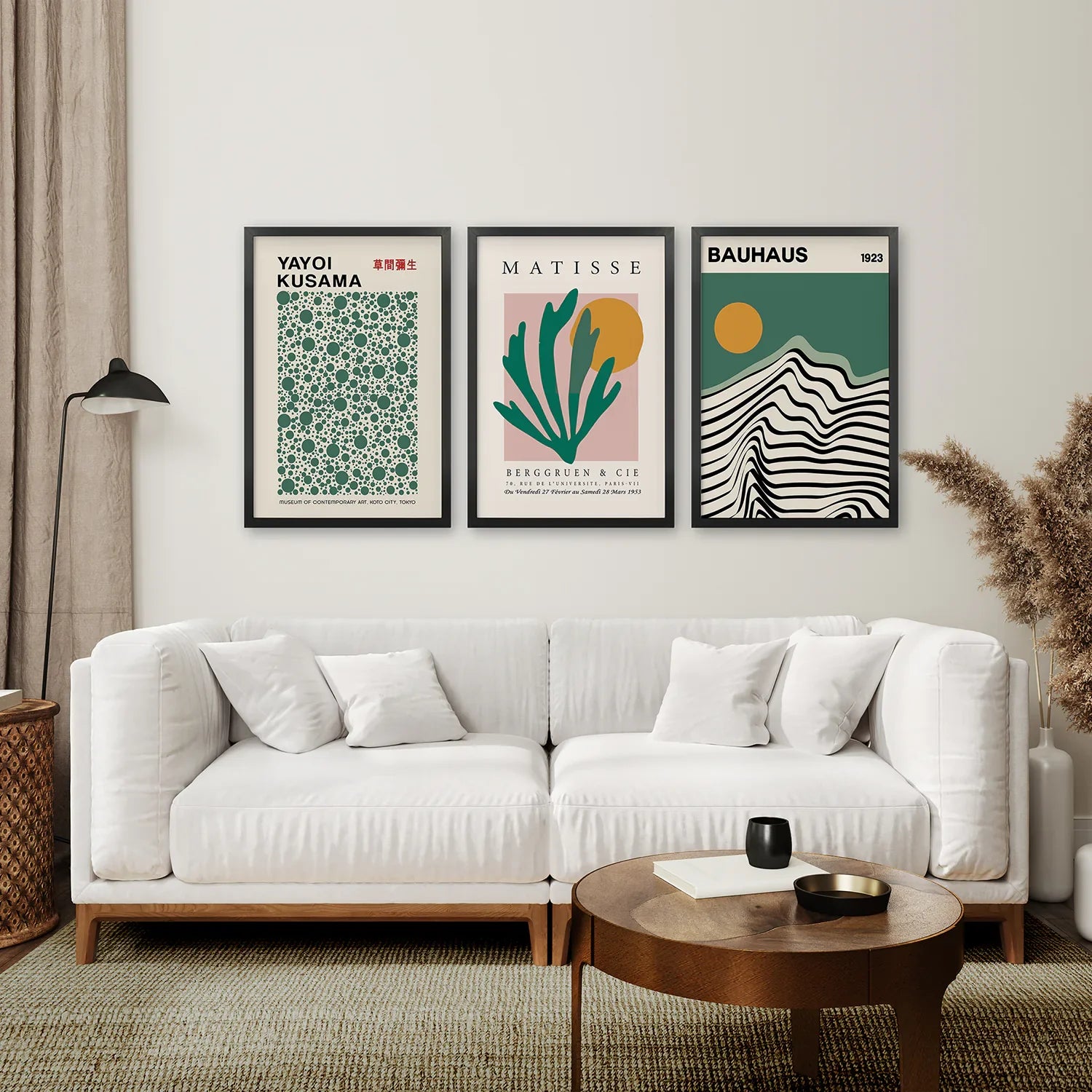 Bauhaus, Kusama & Matisse In Sage Green 3 Piece Wall Art