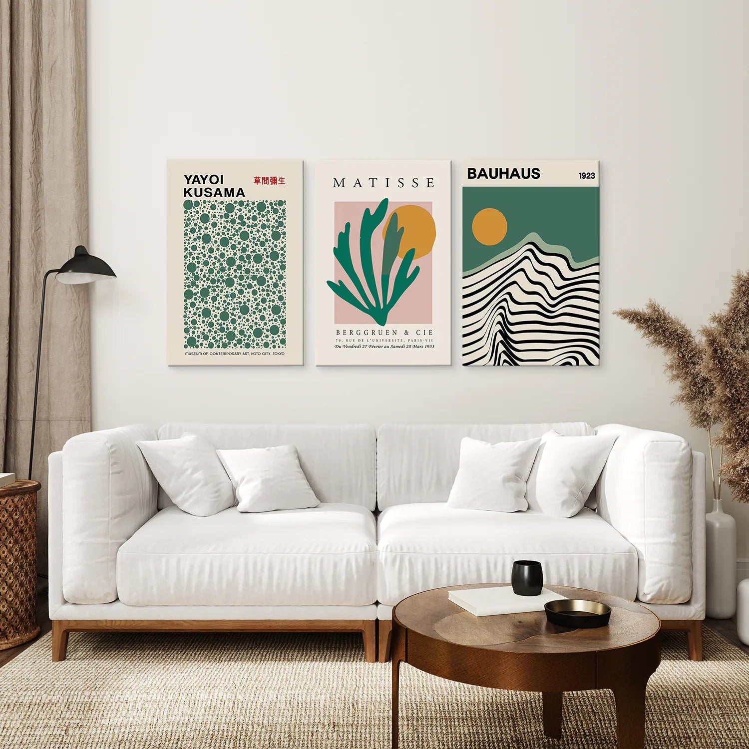 Bauhaus, Kusama & Matisse In Sage Green 3 Piece Wall Art