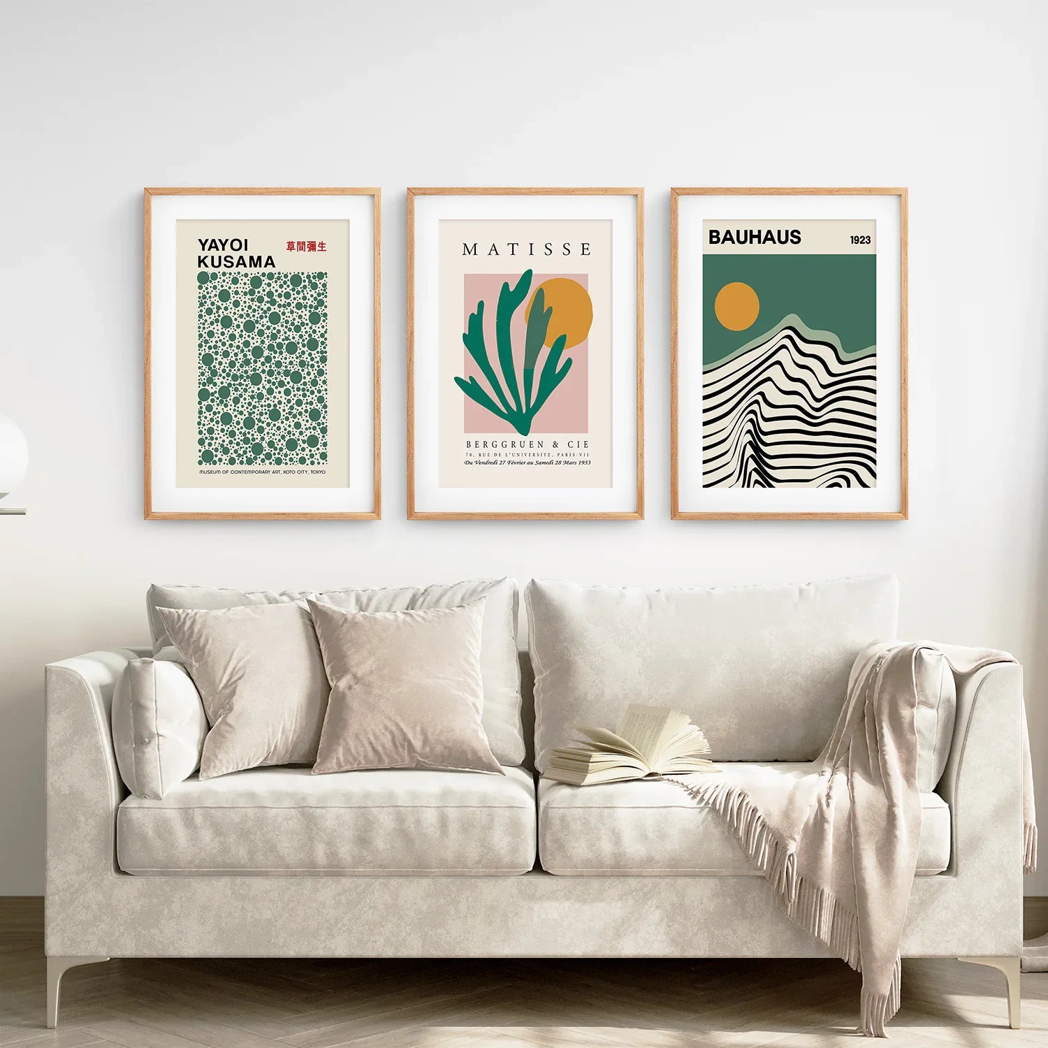 Bauhaus, Kusama & Matisse In Sage Green 3 Piece Wall Art