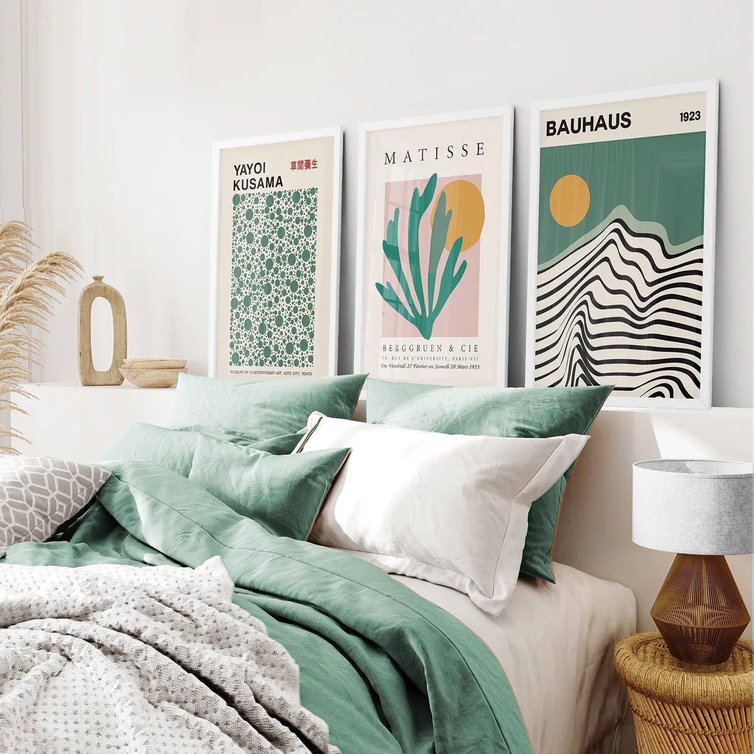 Bauhaus, Kusama & Matisse In Sage Green 3 Piece Wall Art