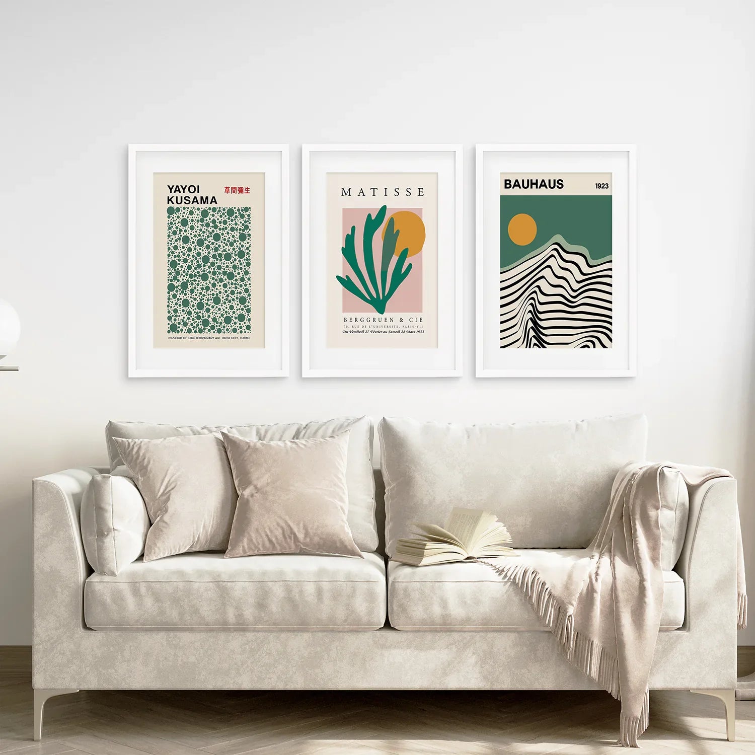 Bauhaus, Kusama & Matisse In Sage Green 3 Piece Wall Art