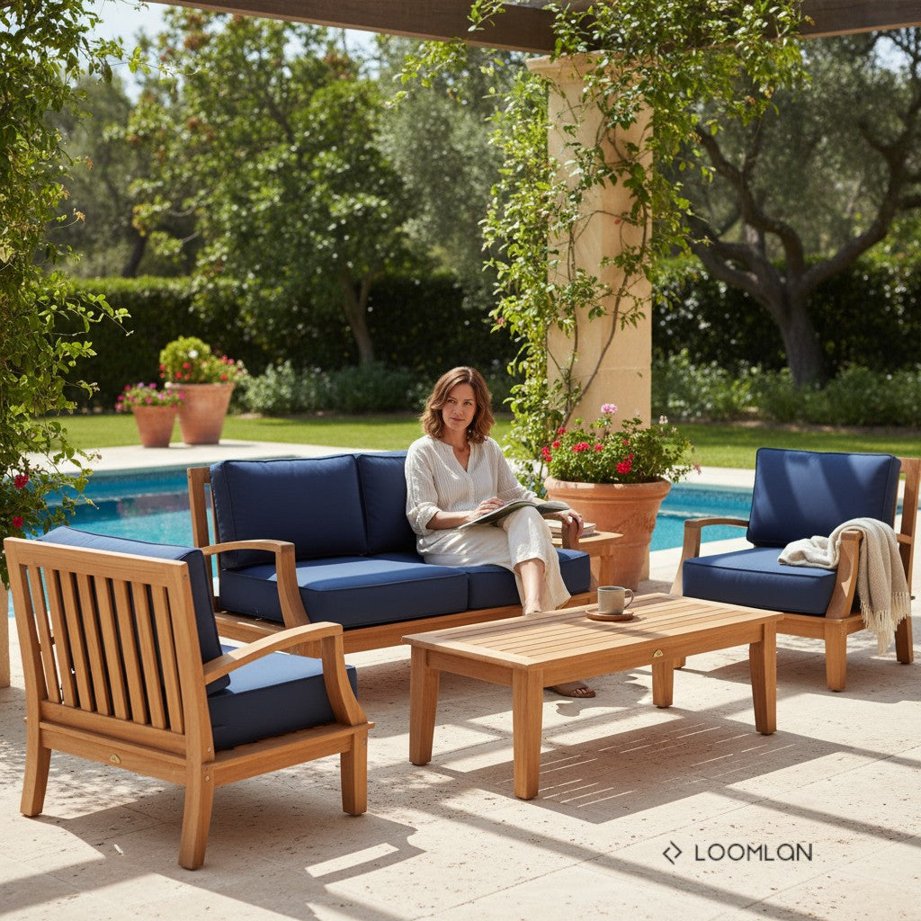 Grande Teak Patio Deep Sofa Set with Sunbrella Cushion 4PC