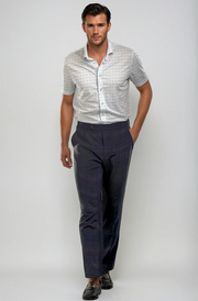 Pleated Wool Trouser Pants - Navy Plaid