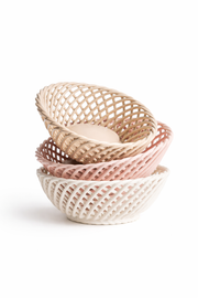 Hand-Woven Ceramic Basket -Small Oval Porcelain Dish in White, Beige & Pink