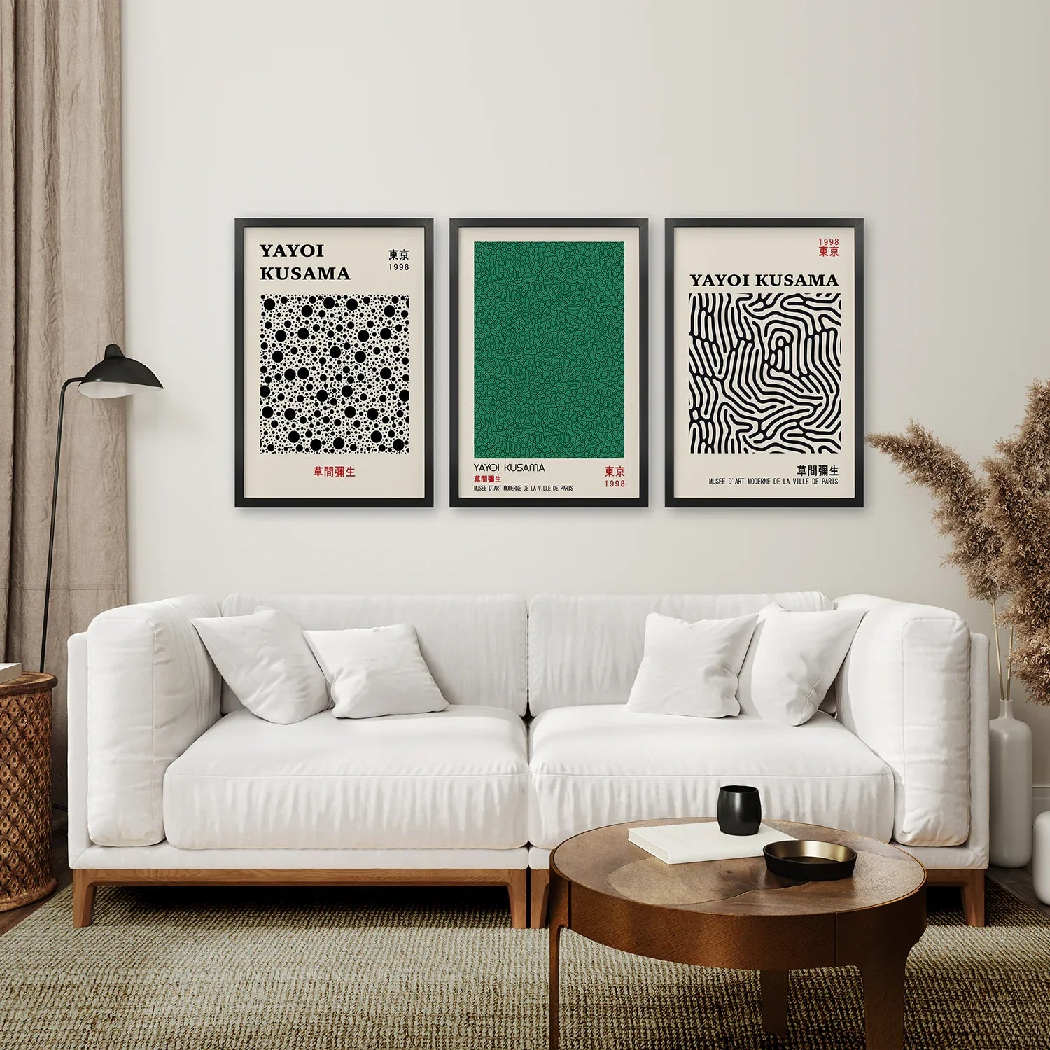 Sage Green Japanese Abstract Yayoi Kusama 3 Piece Wall Art