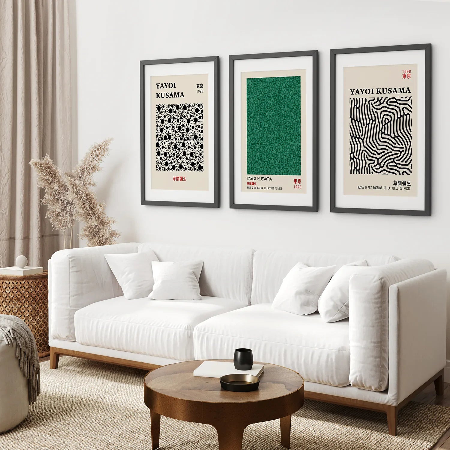 Sage Green Japanese Abstract Yayoi Kusama 3 Piece Wall Art