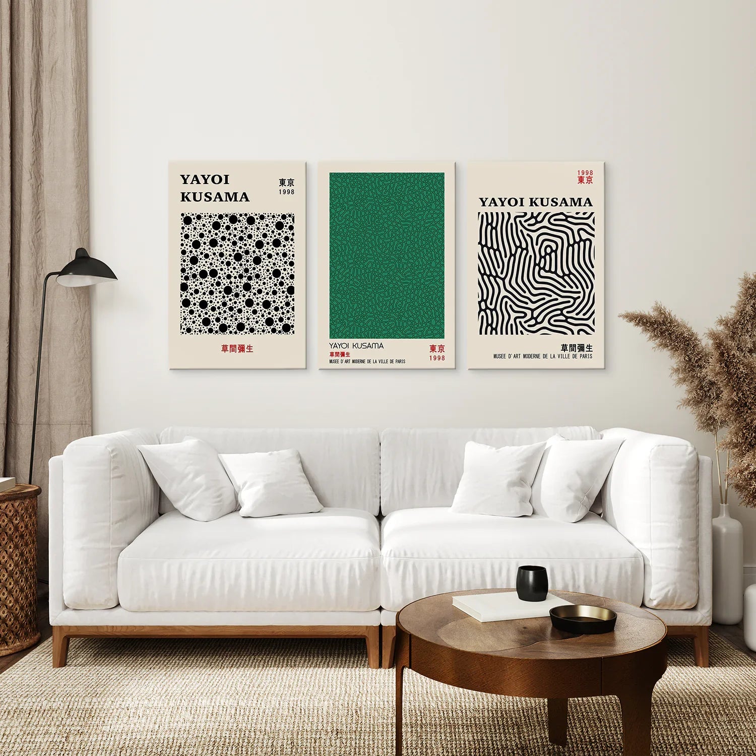 Sage Green Japanese Abstract Yayoi Kusama 3 Piece Wall Art