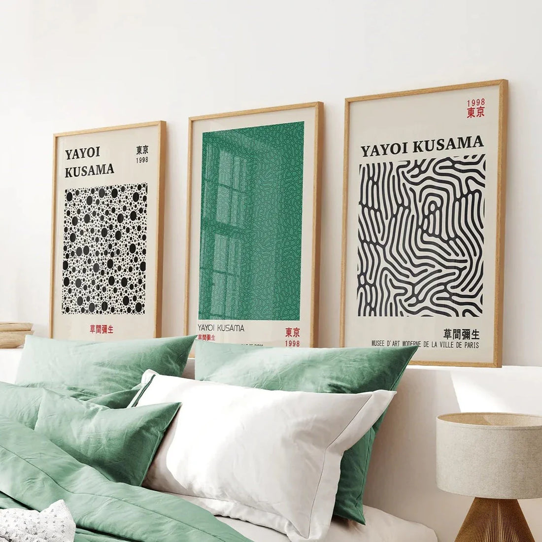 Sage Green Japanese Abstract Yayoi Kusama 3 Piece Wall Art