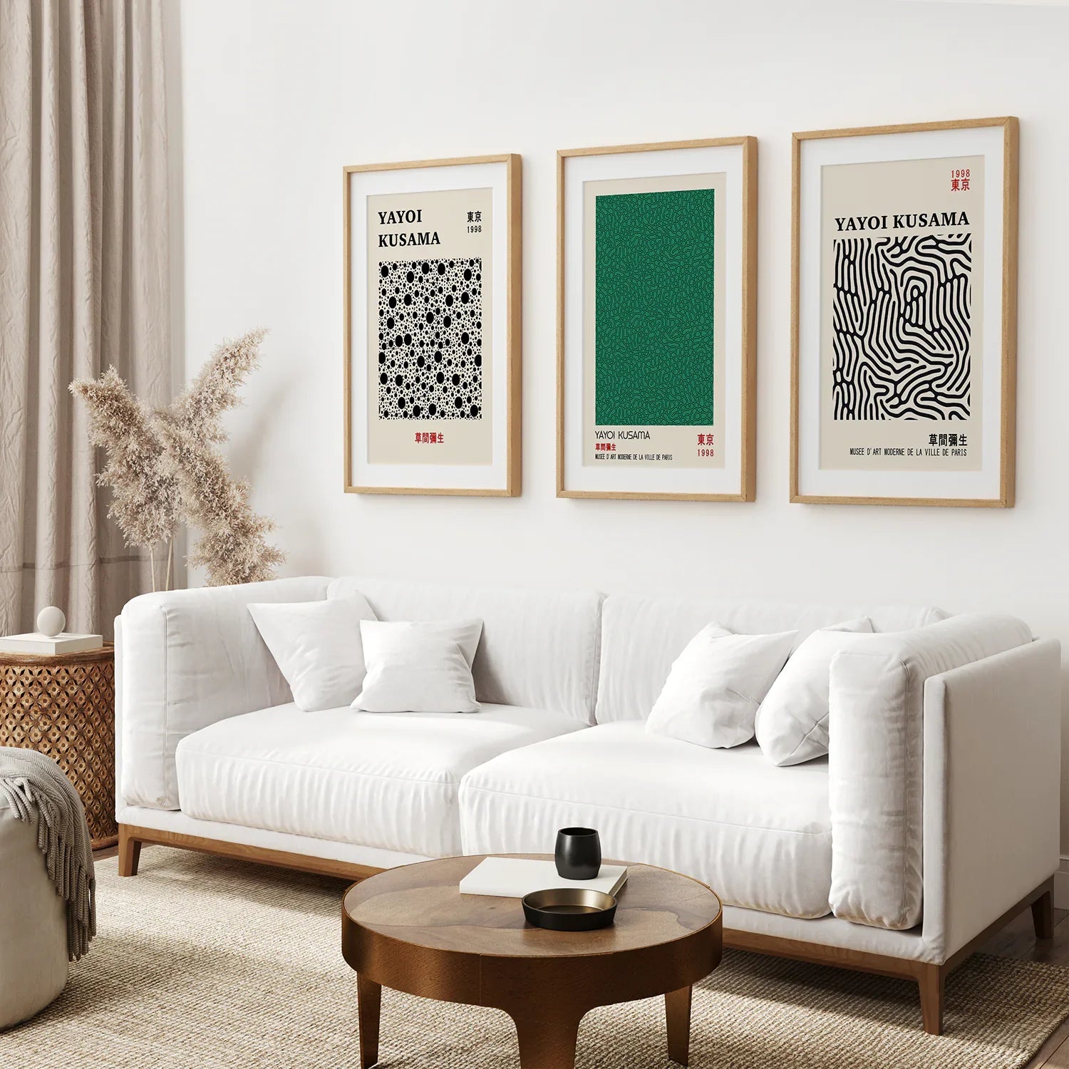 Sage Green Japanese Abstract Yayoi Kusama 3 Piece Wall Art