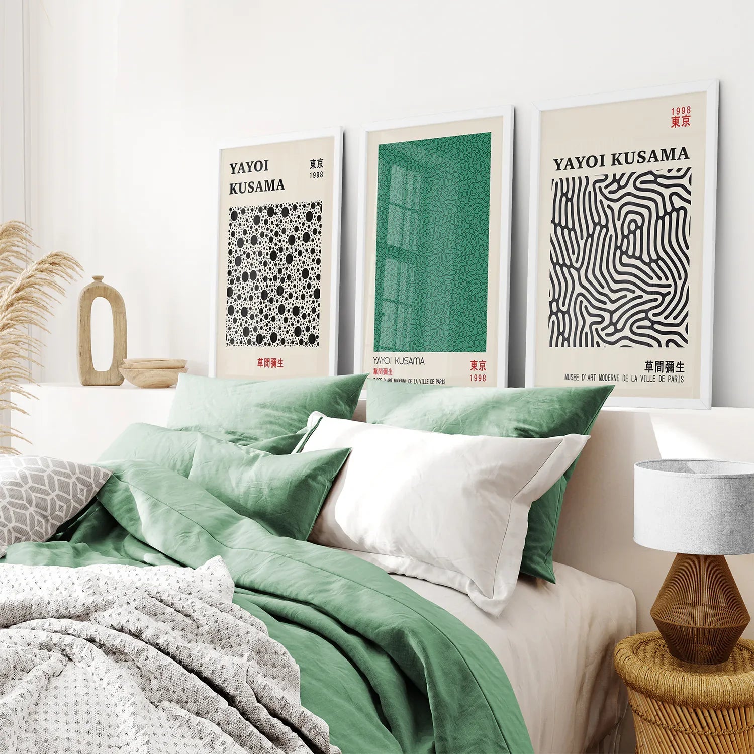 Sage Green Japanese Abstract Yayoi Kusama 3 Piece Wall Art