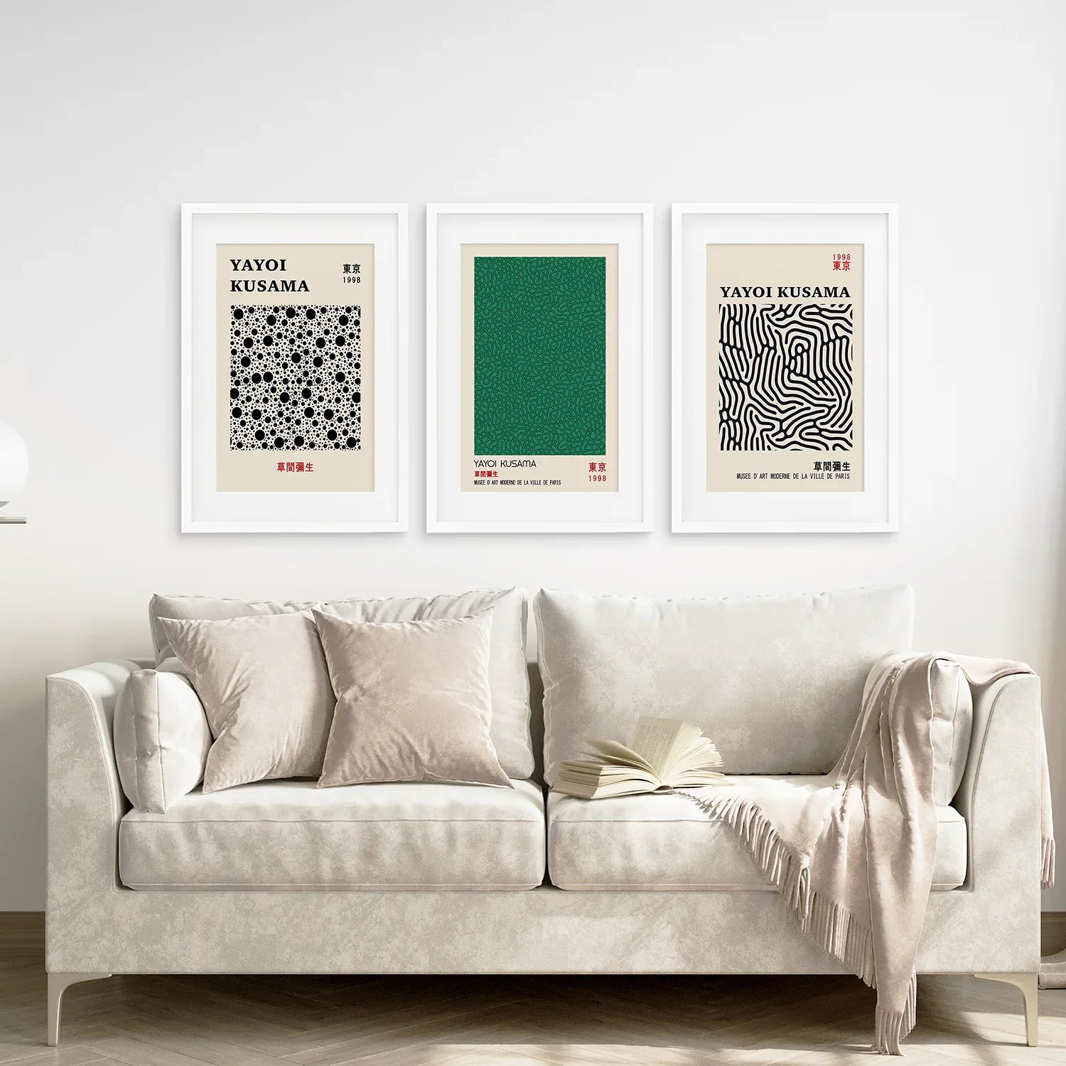 Sage Green Japanese Abstract Yayoi Kusama 3 Piece Wall Art