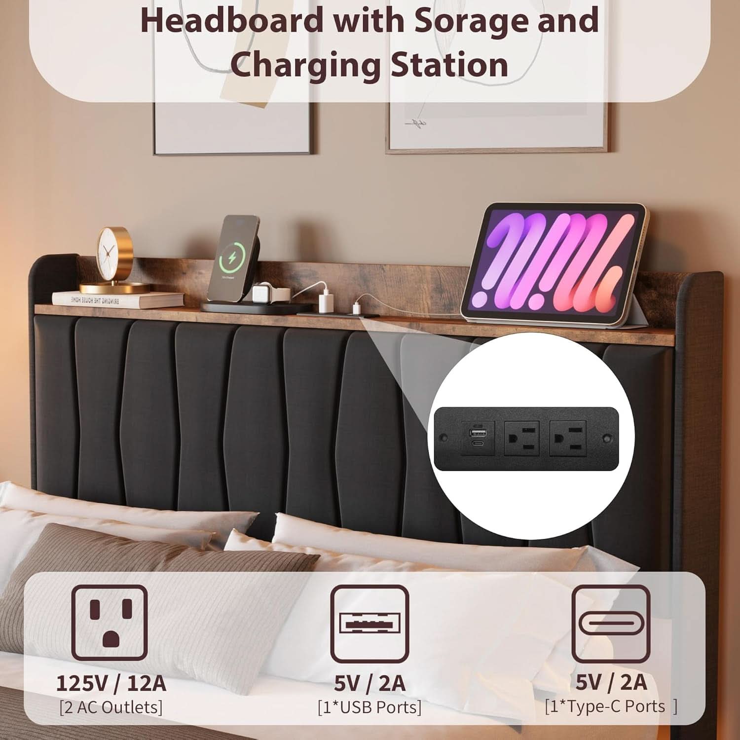 Black Floating Full Bed Frame With Storage Headboard