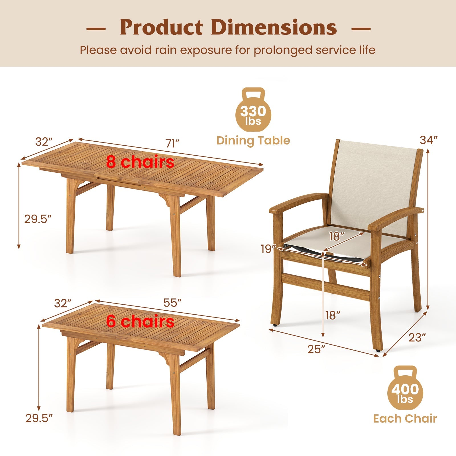 9 Pieces Acacia Wood Patio Dining Set for 6